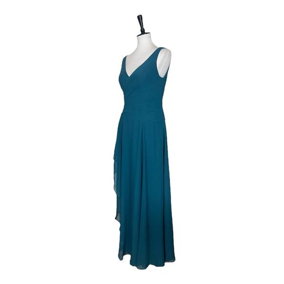 Azazie Kori New Bridesmaid Dress V-neck Chiffon Gown Peakcock Teal Women Size 6 - Picture 6 of 16